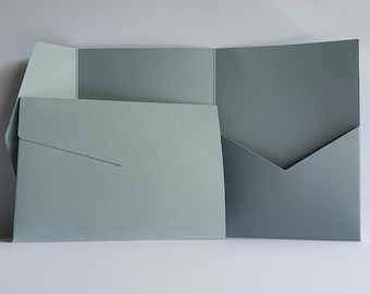 Dusty Blue Matte Pocketfold Wallet. 5 x 7 Portrait Design for Luxury Wedding Invitation / Corporate Events N.E.