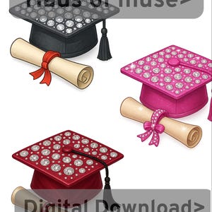 Diamant verzierte Abschlusskappe Clipart-Bundle Schwarz, Pink und Rot Kappe + Diplom PNGs | Klasse von 2025 Sparkle Grad Designs für Accessoires