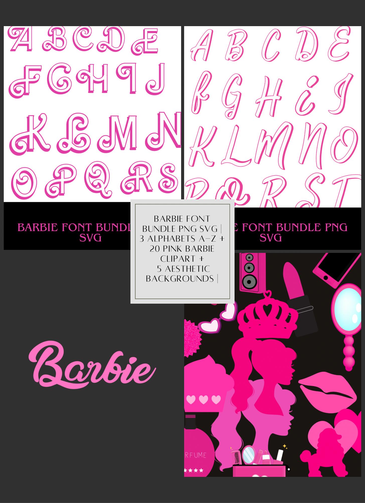 Barbie One Font Barbie Font Bundle: 3 Alphabets, 20 Clipart, 5 Backgrounds (PNG SVG ...