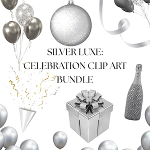 Puede incluir: Una colección de elementos de clip art de celebración plateados, que incluyen globos, una caja de regalo con lazo, una botella de champán y confeti. Se muestra el texto "Silver Luxe: Celebration Clip Art Bundle".