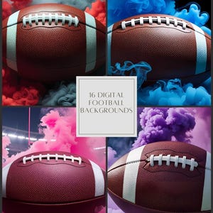 Può includere: Quattro immagini di palloni da football americano con lacci e strisce bianche, su sfondi di fumo rosso, blu, rosa e viola. Il testo "16 Digital Football Backgrounds" è in un riquadro bianco.