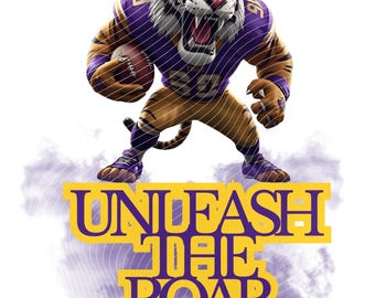 Scatena il ruggito della tigre del football PNG / Download digitale del giorno della partita LSU / Clipart della mascotte viola e oro / Sublimazione per decorazioni sportive per i tifosi