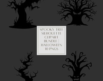 May include: A collection of four black spooky tree silhouettes on a dark gray background. The trees have gnarled branches and eerie shapes, perfect for Halloween-themed designs. The image includes text that reads "Spooky Tree Silhouette Clipart Bundle Halloween 10 PNGs."