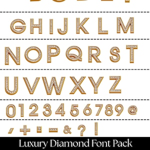 Peut inclure: Un ensemble complet d'alphabet et de chiffres dans une police dorée, incrustée de diamants. Les lettres et les chiffres sont affichés sur fond blanc. Le texte "Luxury Diamond Font Pack" est en bas.