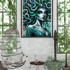 Green Medusa Digital Wall Art, Mythical Goddess Printable Poster, Dark Fantasy Snake Hair Portrait, Bold Modern Home Decor Download Wall art