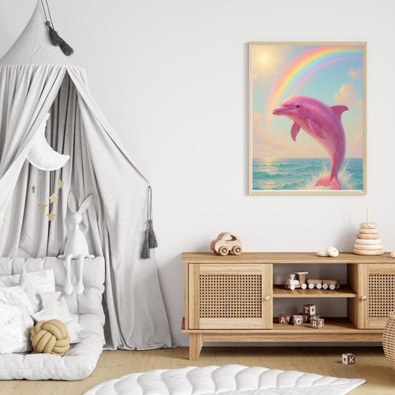 Pink Dolphin Rainbow Print: Whimsical Ocean Fantasy Art (PNG