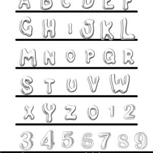 May include: Silver retro bubble letters A-Z and numbers 0-9. The letters and numbers are in a shiny silver color with a bubble-like design. The image has a white background with black horizontal lines separating the letters and numbers.