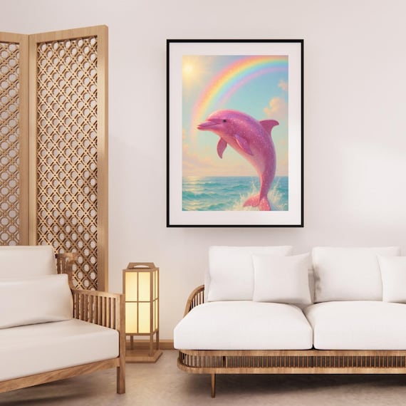 Pink Dolphin Rainbow Print: Whimsical Ocean Fantasy Art (PNG