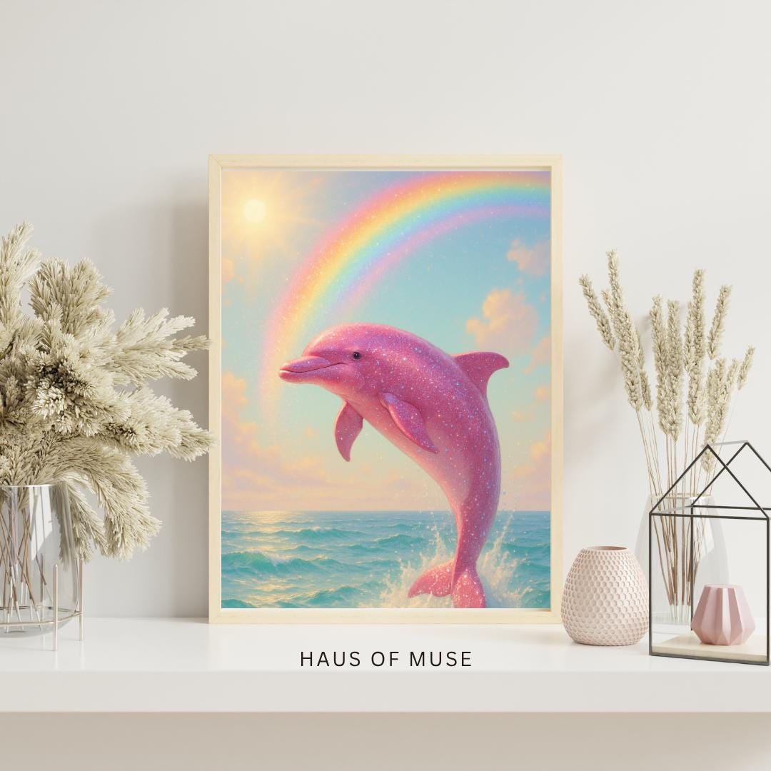 Pink Dolphin Rainbow Print: Whimsical Ocean Fantasy Art (PNG