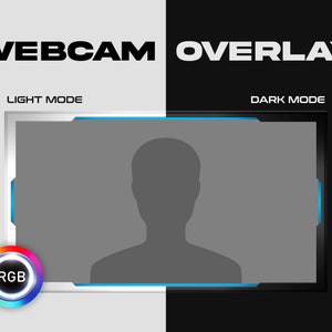 Puede incluir: Una plantilla de superposición de cámara web con un fondo gris y un borde azul. La superposición tiene un modo claro y un modo oscuro. El modo claro tiene un fondo blanco y el modo oscuro tiene un fondo negro. La superposición tiene un cuadro de texto para la alimentación de la cámara web y un botón para la configuración del color RGB.