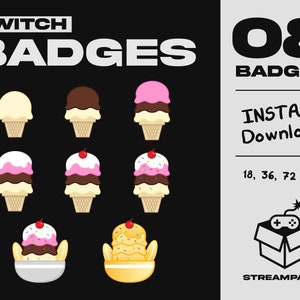 Può includere: Otto badge Twitch che presentano diverse varianti di coni gelato. I badge sono disponibili in tre dimensioni: 18, 36 e 72 pixel. Il testo "08 Badge" e "Download immediato!" è visualizzato sul lato destro dell'immagine. Il testo "STREAMPACKS" è visualizzato nella parte inferiore dell'immagine.