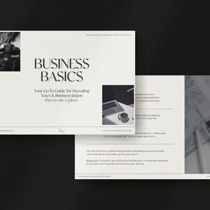 Könnte beinhalten: Ein digitaler Leitfaden mit dem Titel Business Basics: Your Go-To Guide for Decoding Taxes & Business Jargon that no one explains. Das Dokument zeigt schwarzen Text auf weißem Hintergrund sowie kleine Schwarz-Weiß-Fotos einer Kamera und eines Laptops.