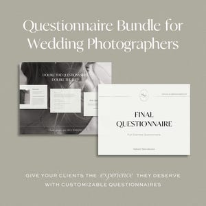 Könnte beinhalten: Ein digitales Fragebogen-Paket für Hochzeitsfotografen mit weißen Dokumentvorlagen und schwarzem Serifentext. Die Dokumente enthalten Titel wie Final Questionnaire und Textüberlagerungen auf einem schwarz-weißen Fotohintergrund.