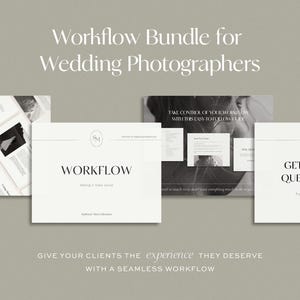 Puede incluir: Un paquete de flujo de trabajo para fotógrafos de bodas que incluye varias plantillas de documentos con fondos blancos y texto en negro, con títulos como Workflow, Get to Know Questionnaire y la marca Stephanie Marie Education.