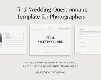 Questionario finale per i clienti per i fotografi di matrimonio / Modulo di preparazione al giorno del matrimonio + servizio fotografico (download digitale)