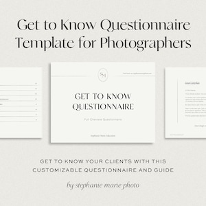 Puede incluir: Una plantilla de cuestionario digital para fotógrafos que consta de tres páginas blancas con texto en negro. La página central muestra el título Get to Know Questionnaire, mientras que las laterales presentan un índice y una carta de bienvenida.