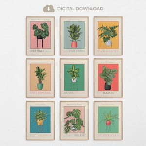 Impresiones de puestos de plantas de interior, cartel del mercado de flores, cartel de plantas de interior, impresión de plantas, arte de pared de plantas, plantas en macetas, conjunto de 9 impresiones digitales