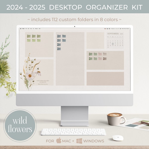 Papier peint organisateur de bureau sur le thème FLEURS SAUVAGES 2024-2025 avec icônes de dossier, papier peint Macbook, calendrier de bureau mensuel pour Mac et Windows