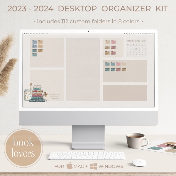 BOOKISH Desktop Organizer Sfondo 2023-2024 con icone di cartelle, calendario mensile per desktop, sfondo per MacBook, amanti dei libri per Mac e Windows