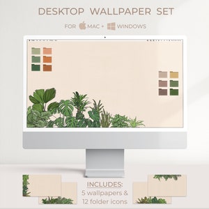 HOUSEPLANT Desktop Wallpaper Organizer With Folder Icons, Laptop Wallpaper With MacBook Folder Icons, Desktop Background For Mac & Windows