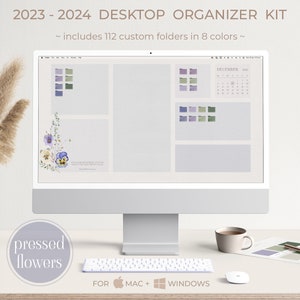 PRESSED FLOWERS Desktop Organizer Wallpaper 2023 - 2024 With Folder Icons, Macbook Wallpaper, Monthly Desktop Calendar For Mac & Windows