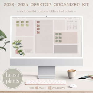 HOUSE PLANTS Themed Desktop Organizer Wallpaper 2023 - 2024 With Folder Icons, Macbook Wallpaper, Monthly Desktop Calendar For Mac & Windows