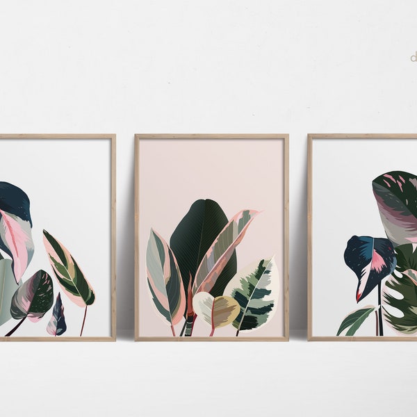 Philodendron Tropical Leaf Print 3 Piece Wall Art Plant Poster, Blush Pink Wall Art, Foliage Prints, Botanical Wall Art, Pink Prints Digital