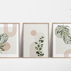 Arte de parede Boho nº 03, impressão botânica, 3 peças, pôster de planta verde-sálvia, linhas geométricas abstratas e folhas em aquarela, impressão de planta doméstica
