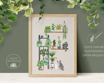 Watercolor House Plant and Cat Poster for Cat Lover Gift, Plant Wall Art With Plant Shelf, Plant Stand and Plant Hanger - DIGITAL PRINT