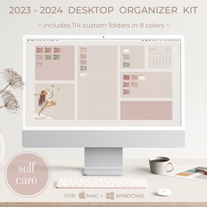 SELF CARE Themed Desktop Organizer Wallpaper 2023 - 2024 With Folder Icons, Macbook Wallpaper, Monthly Desktop Calendar For Mac & Windows