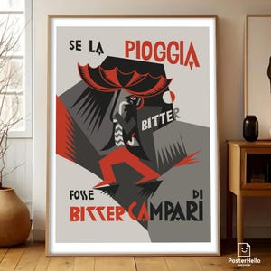 Può includere: Poster incorniciato in stile vintage con un design geometrico. L'opera presenta una figura in abito rosso sotto un ombrello rosso e nero, con testo in italiano. Le parole "SE LA PIOGGIA FOSSE BITTER DI BITTER CAMPARI" sono ben visibili.