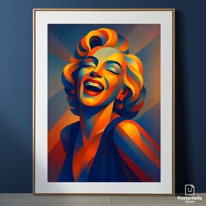 Può includere: Stampa artistica incorniciata con un ritratto geometrico di una donna sorridente. L'opera utilizza tonalità arancioni, gialle e blu, creando un effetto visivo sorprendente. La stampa è in una cornice dorata.