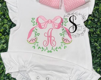 baby girl monogram sunsuit bubble - toddler - monogram - outfit personalized embroidery - onsie watermelon bow design summer shirt
