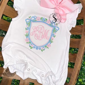 baby girl monogram sunsuit bubble - toddler - monogram - outfit personalized embroidery - onsie floral grandmillennial crest shirt