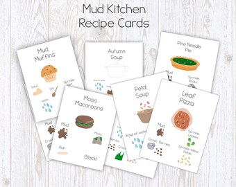 May include: A set of 7 printable recipe cards for a mud kitchen play activity. The cards feature illustrations of different recipes like mud muffins, moss macaroons, petal soup, leaf pizza, and pine needle pie. Each card lists the ingredients and instructions for making the recipe.