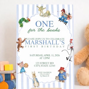 Puede incluir: Invitación de cumpleaños a rayas azules y blancas con ilustraciones de personajes de cuentos infantiles. La invitación dice "ONE for the books" y "MARSHALL'S FIRST BIRTHDAY".