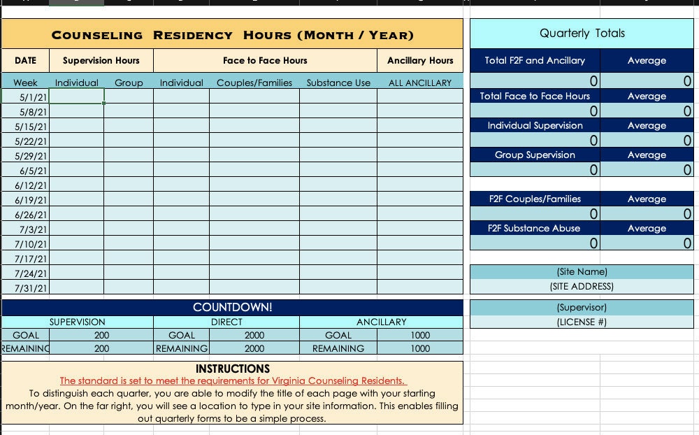Therapist Counseling Residency Hours Tracker Google Doc excel Digital 