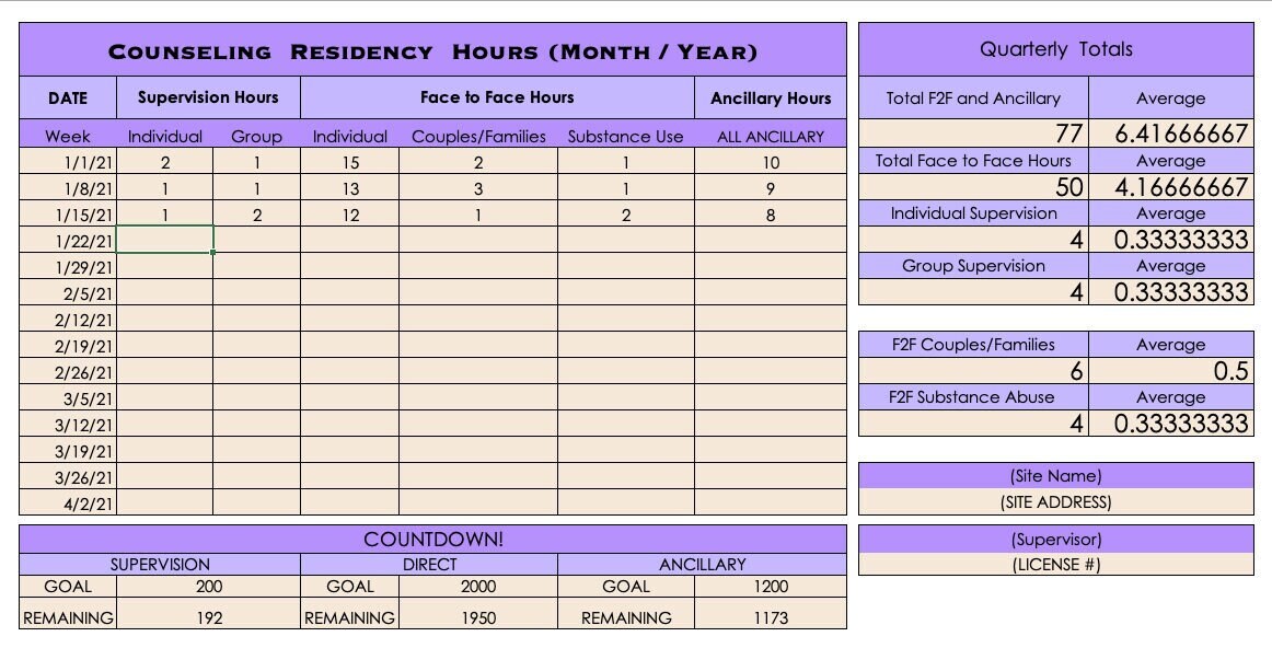 Therapist Counseling Resident Hours Tracker Excel Spreadsheet LPC LCSW 
