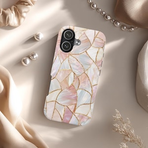 Faux Mother of Pearl iPhone Case, Pink Gold Kintsugi Mosaic, Stained Glass Aesthetic, Tough Protective Cover for iPhone 17 & Samsung Galaxy