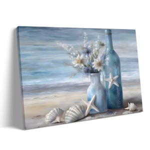 Decorazione da parete in tela "Ocean Breeze Decor" con motivo "Coastal Home Decor Beachside Serenity", vaso floreale con stelle marine e stampa sulla spiaggia, arte nautica per soggiorno