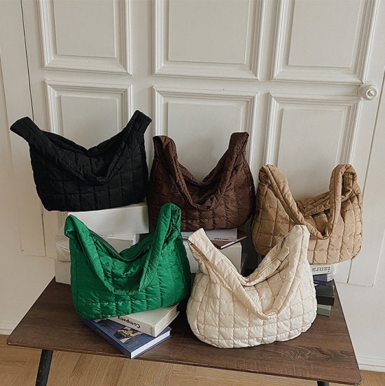 Bangyan Women Quilted Tote Bag Handbag Lightweight Padding Shoulder Bag Nylon Padded Crossbody Purse-Beige, Adult Unisex, Size: 37*28*12CM