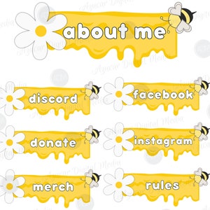 Puede incluir: Un conjunto de gráficos de banner de redes sociales amarillos y blancos. Cada banner tiene un diseño de miel goteando amarillo con texto blanco, una margarita y una abeja de dibujos animados. Los banners incluyen las palabras "about me", "discord", "facebook", "donate", "instagram", "merch", "rules", "schedule", "subscribe" y "tiktok".