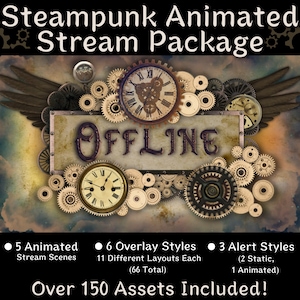 Può includere: Pacchetto di streaming animato a tema steampunk con ingranaggi, orologi e ali. La parola "OFFLINE" è visualizzata su un cartello di metallo usurato. Include 5 scene di streaming animate, 6 stili di sovrapposizione e 3 stili di avviso. Oltre 150 risorse incluse.