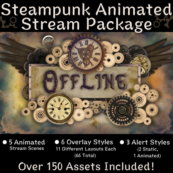 Steampunk Twitch Animated Stream Paket | Hohe Qualität | Seamless Looping Videos | Ultimatives Komplettes Streaming Kit | Warnungen Panels Szenen