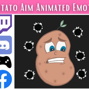 May include: Animated emote featuring a cartoon potato with a worried expression, surrounded by bullet holes on a black background. The text "POTATO AIM ANIMATED EMOTE!" is at the top. Social media icons are on the left.