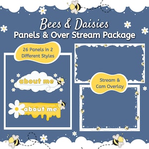 Puede incluir: Un paquete de arte digital con un fondo azul, con abejas, margaritas y texto. El paquete incluye paneles y superposiciones para streaming, con el texto "Bees & Daisies" y "About Me". El diseño tiene un estilo de dibujos animados.