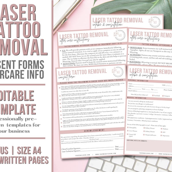Laser Tattoo Removal Consent Forms | 5 PAGES | Editable Laser Tattoo Removal Consent Form | Aftercare instructions