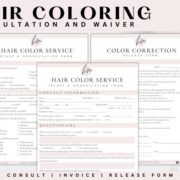 Exención de servicio de color de cabello, formulario de consulta con estilista, consulta de color, formulario de consentimiento para color de cabello, formulario de consentimiento para tratamiento químico