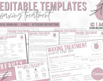 May include: A set of six printable, editable waxing treatment forms in US letter size. The forms include a client intake form, consent form, cancellation policy, aftercare instructions, and a photo release form. The forms are designed in a pink and white color scheme with a floral design.