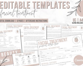 Formularios de tratamiento facial / Formulario de admisión de clientes / Formulario de consulta facial / Formularios de salón de belleza / Plantillas editables de esteticista